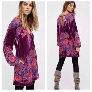 Free People Misha Velvet Burnout Dress Fuchsia Pink Purple Floral Large